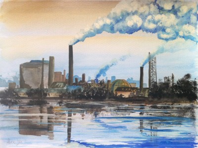 Ju, Alice Landscape (industrial emissions reflected in water) painting